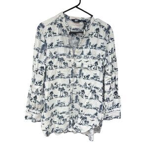 Lands End Large Blue White Flannel Nightshirt Western Toille Style Wildlife Bear